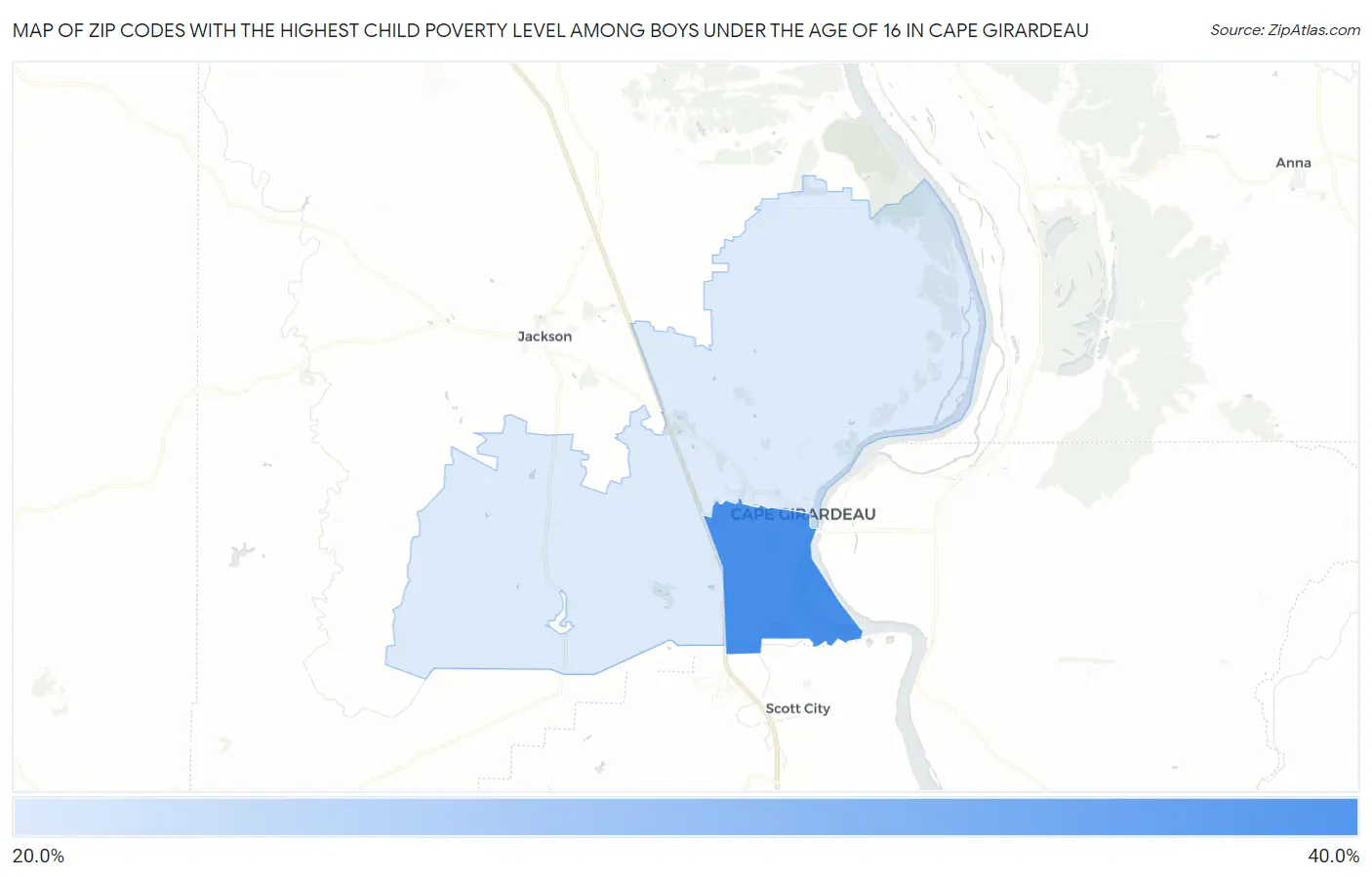 Zip Codes with the Highest Child Poverty Level Among Boys Under the Age of 16 in Cape Girardeau Map