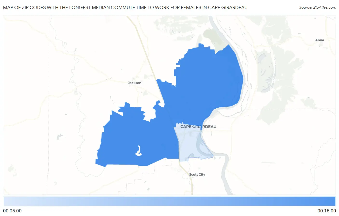 Zip Codes with the Longest Median Commute Time to Work for Females in Cape Girardeau Map