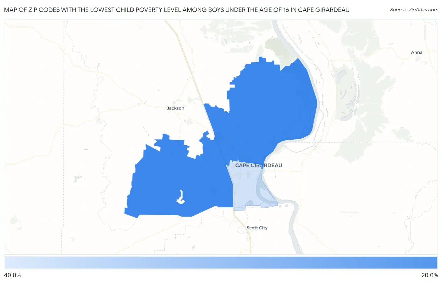 Zip Codes with the Lowest Child Poverty Level Among Boys Under the Age of 16 in Cape Girardeau Map