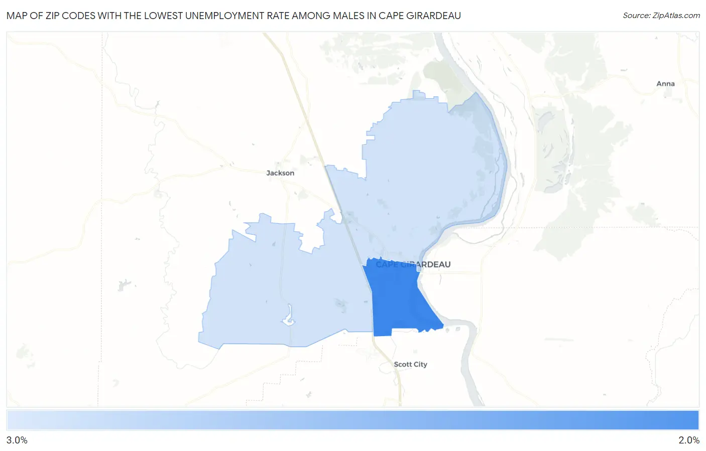 Zip Codes with the Lowest Unemployment Rate Among Males in Cape Girardeau Map
