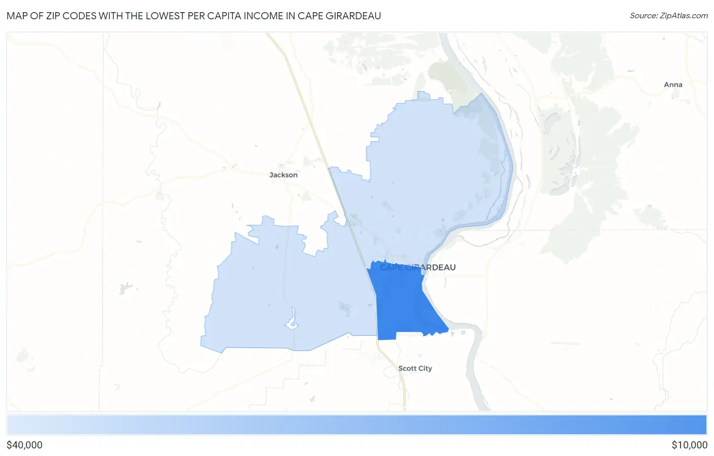 Zip Codes with the Lowest Per Capita Income in Cape Girardeau Map