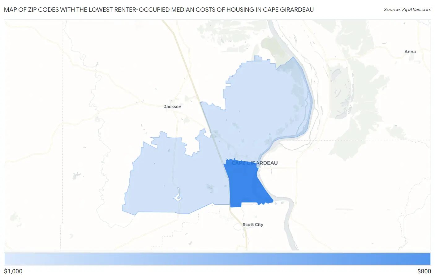 Zip Codes with the Lowest Renter-Occupied Median Costs of Housing in Cape Girardeau Map
