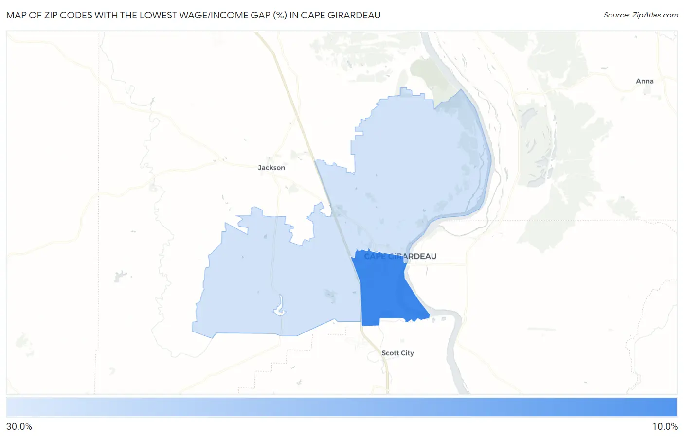 Zip Codes with the Lowest Wage/Income Gap (%) in Cape Girardeau Map