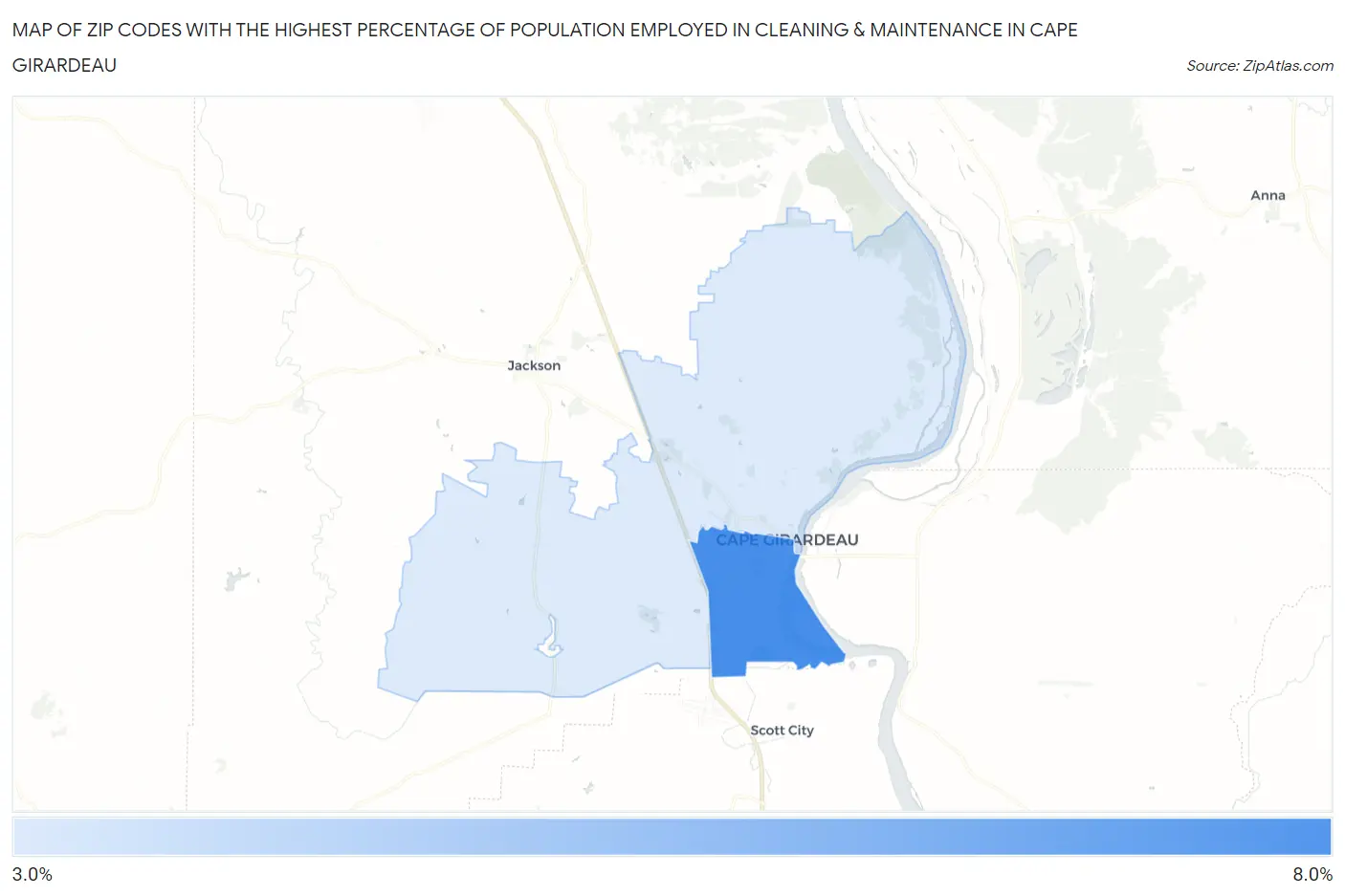 Zip Codes with the Highest Percentage of Population Employed in Cleaning & Maintenance in Cape Girardeau Map