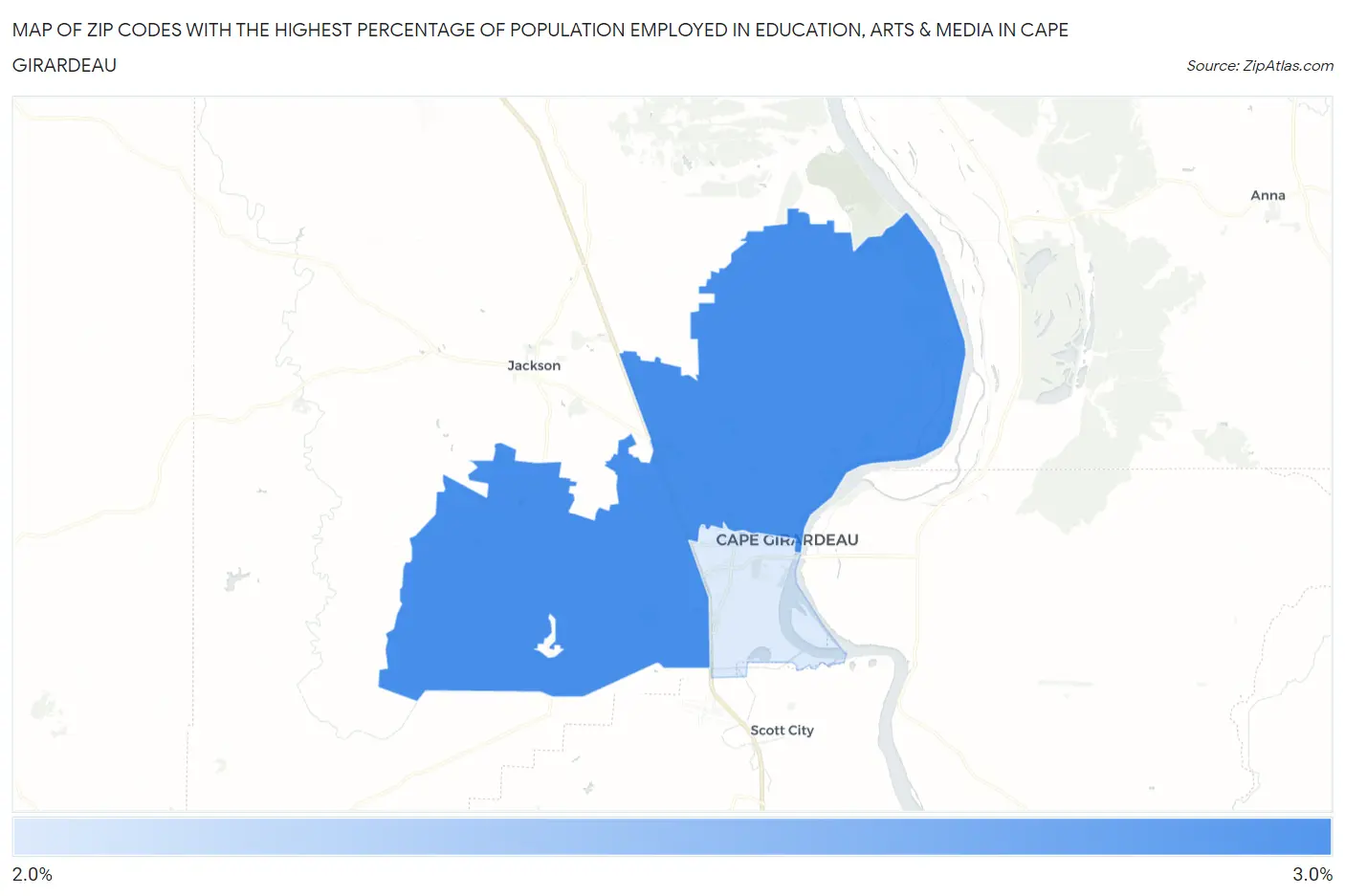 Zip Codes with the Highest Percentage of Population Employed in Education, Arts & Media in Cape Girardeau Map