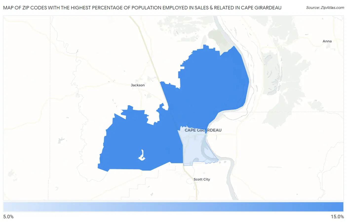 Zip Codes with the Highest Percentage of Population Employed in Sales & Related in Cape Girardeau Map