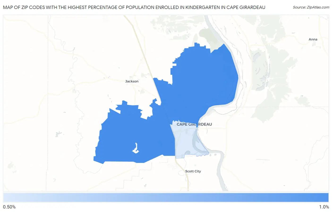 Zip Codes with the Highest Percentage of Population Enrolled in Kindergarten in Cape Girardeau Map