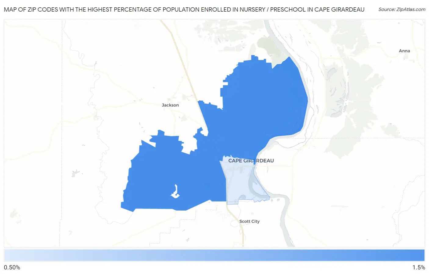 Zip Codes with the Highest Percentage of Population Enrolled in Nursery / Preschool in Cape Girardeau Map