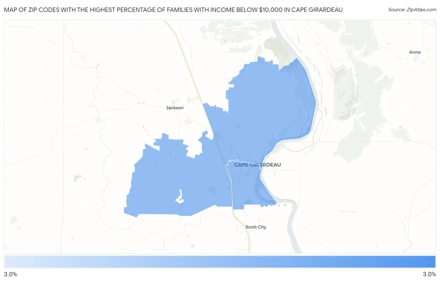 Zip Codes with the Highest Percentage of Families with Income Below $10,000 in Cape Girardeau Map