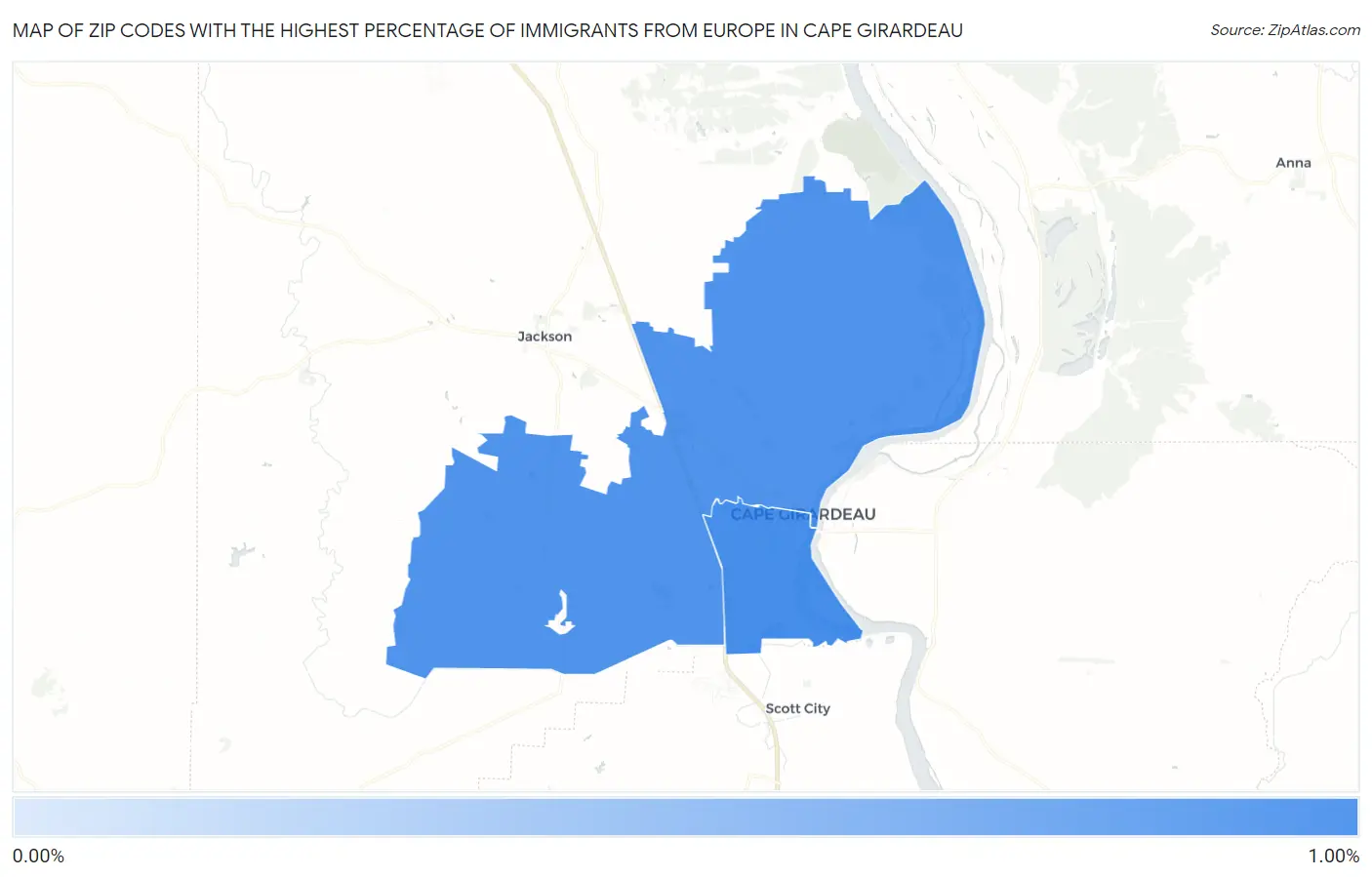 Zip Codes with the Highest Percentage of Immigrants from Europe in Cape Girardeau Map