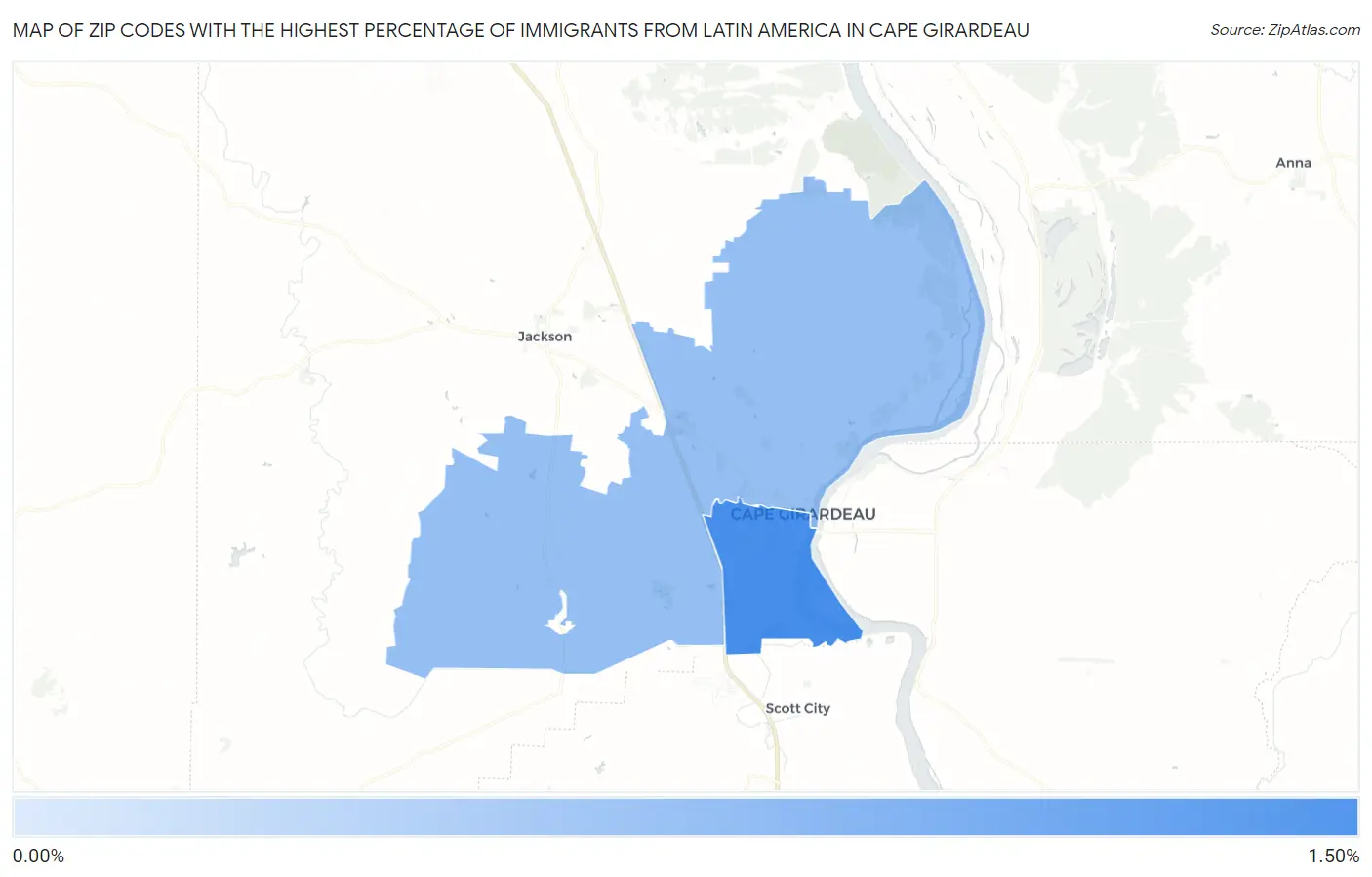 Zip Codes with the Highest Percentage of Immigrants from Latin America in Cape Girardeau Map