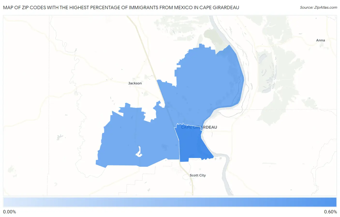 Zip Codes with the Highest Percentage of Immigrants from Mexico in Cape Girardeau Map
