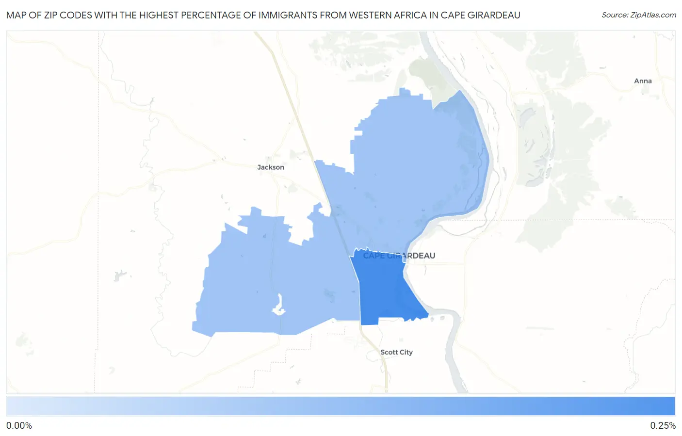 Zip Codes with the Highest Percentage of Immigrants from Western Africa in Cape Girardeau Map