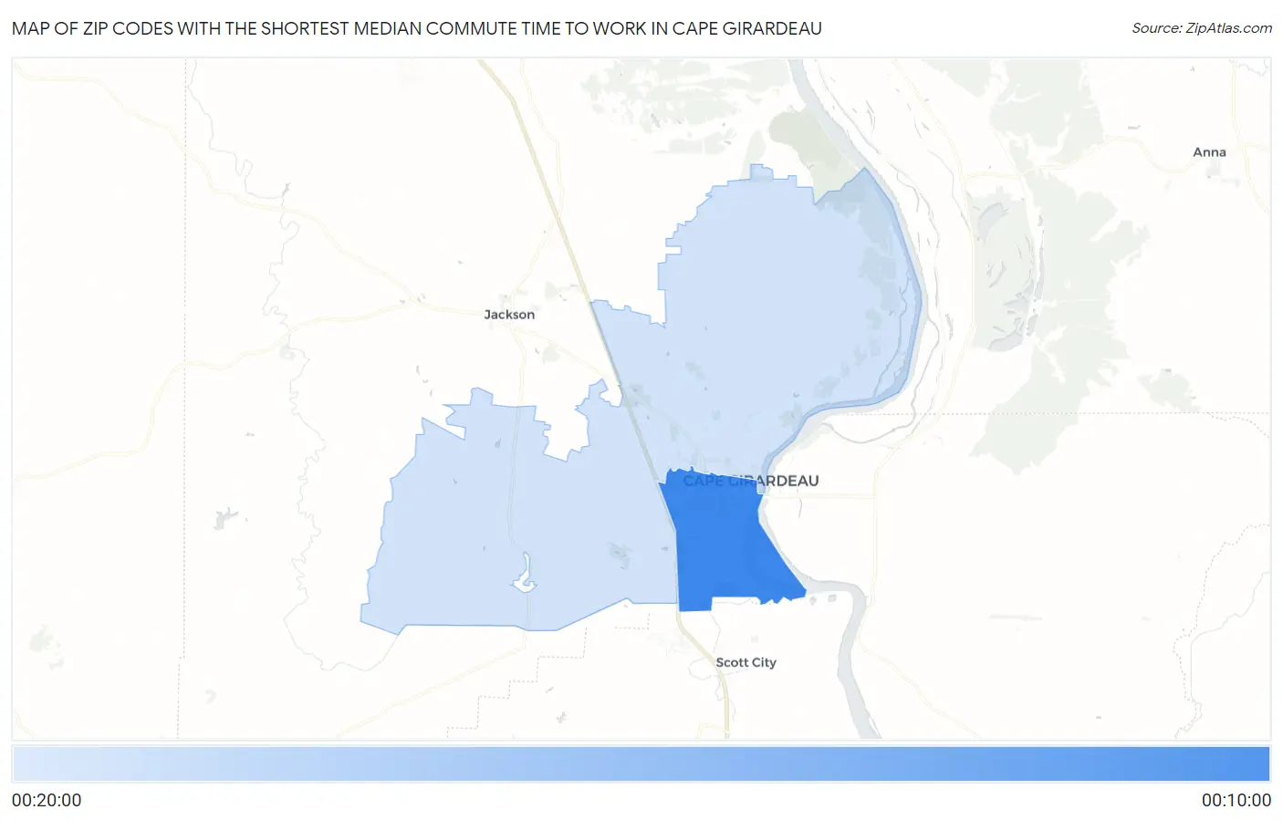Zip Codes with the Shortest Median Commute Time to Work in Cape Girardeau Map