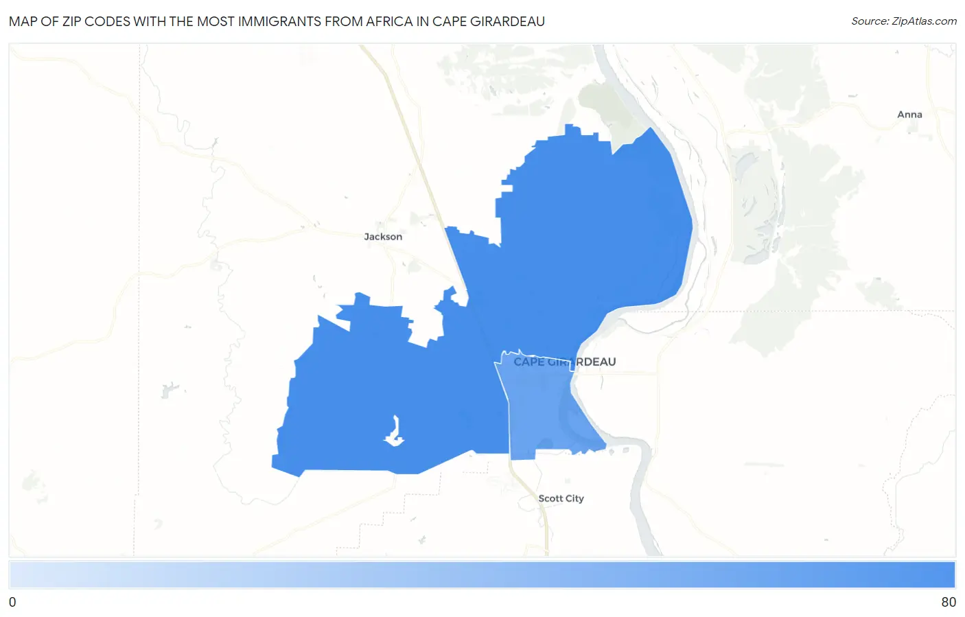 Zip Codes with the Most Immigrants from Africa in Cape Girardeau Map