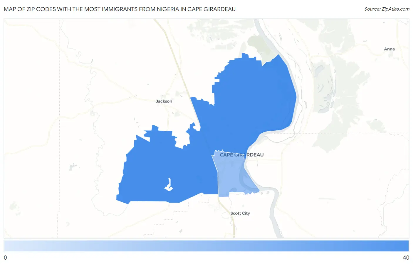 Zip Codes with the Most Immigrants from Nigeria in Cape Girardeau Map