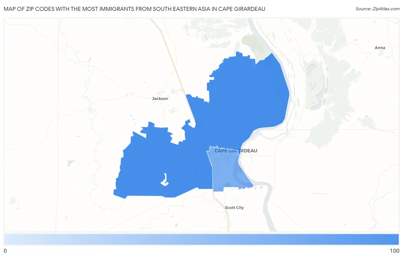 Zip Codes with the Most Immigrants from South Eastern Asia in Cape Girardeau Map