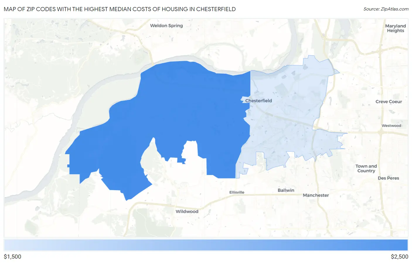 Zip Codes with the Highest Median Costs of Housing in Chesterfield Map