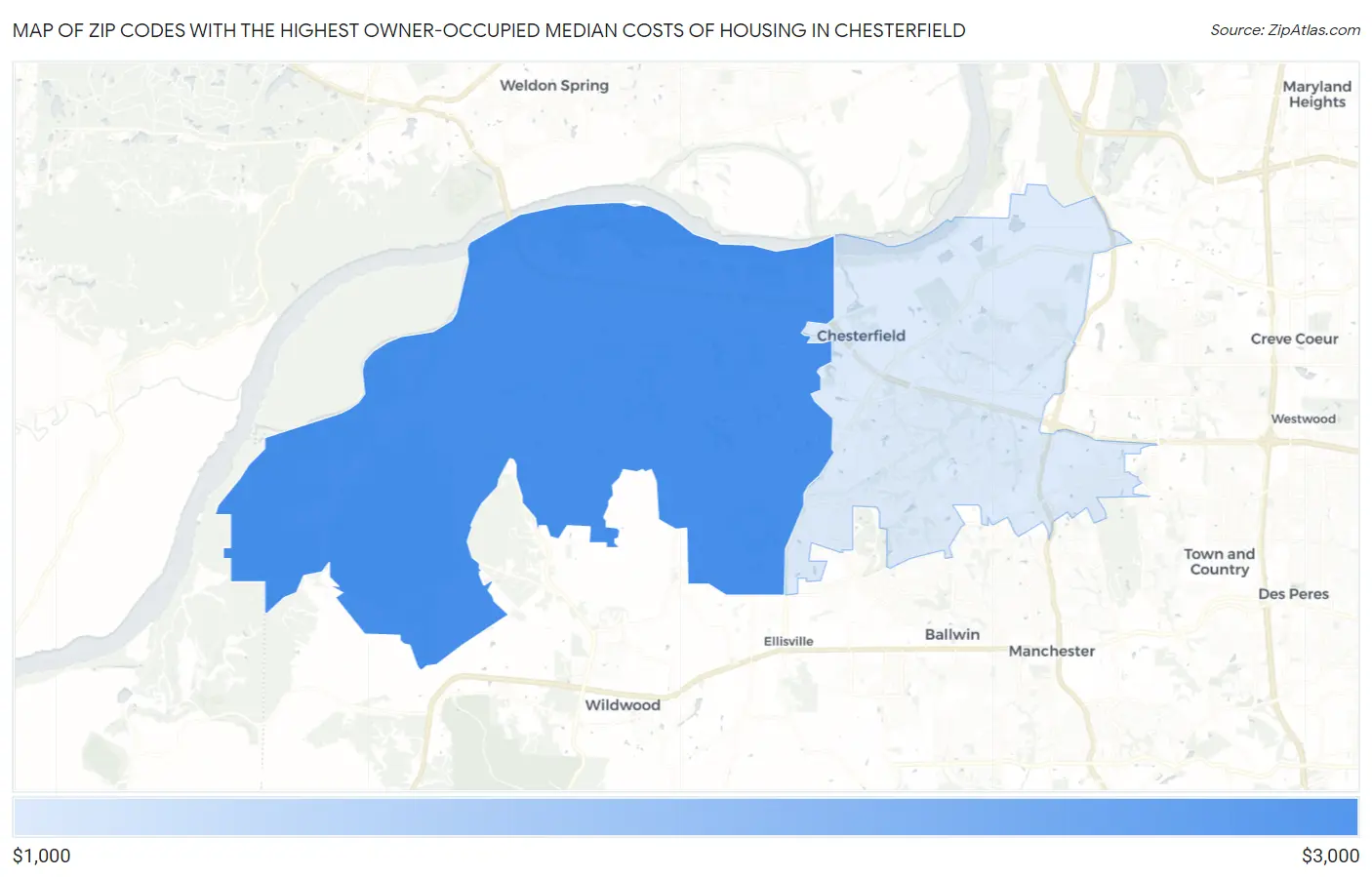 Zip Codes with the Highest Owner-Occupied Median Costs of Housing in Chesterfield Map