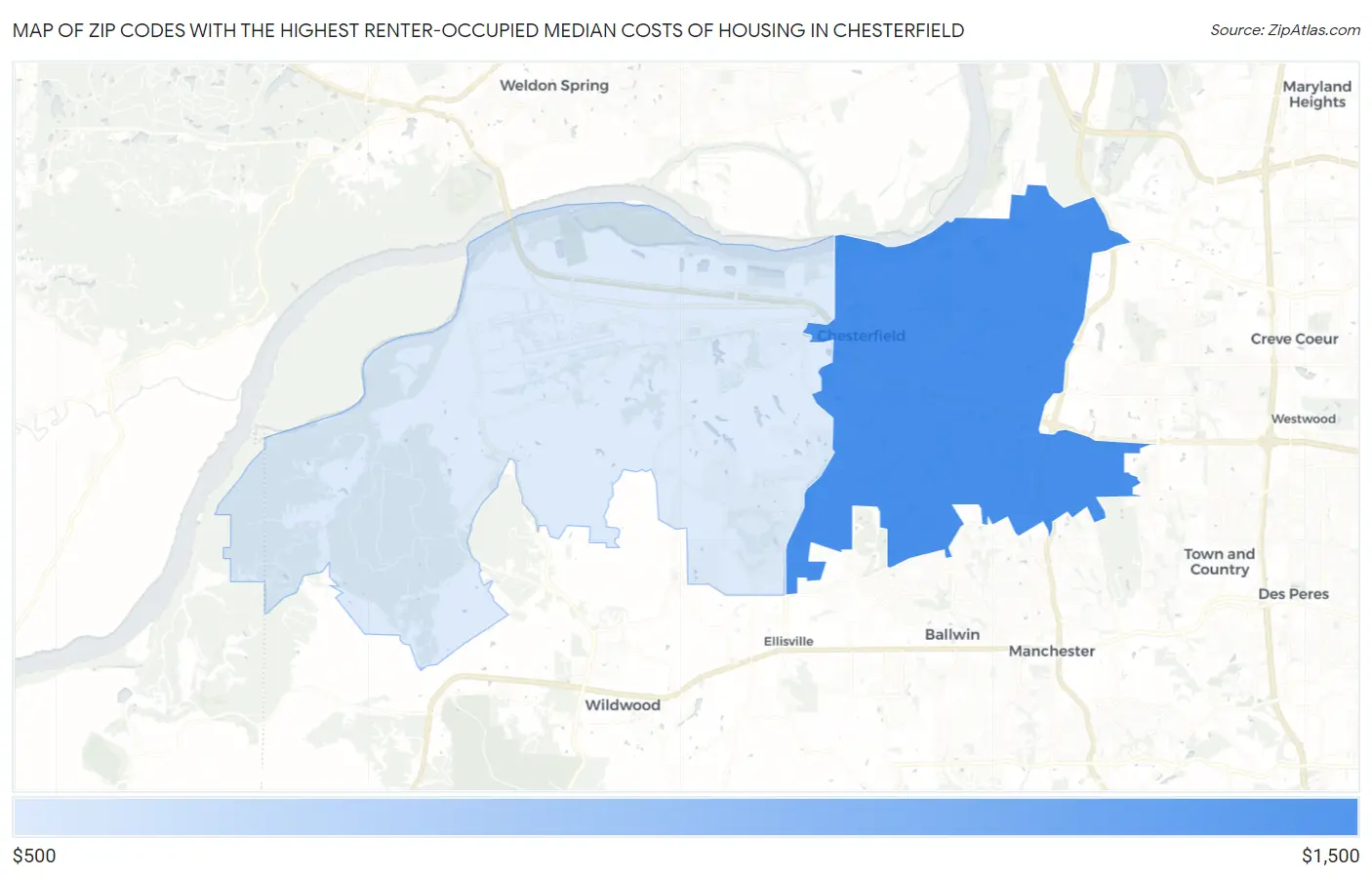 Zip Codes with the Highest Renter-Occupied Median Costs of Housing in Chesterfield Map