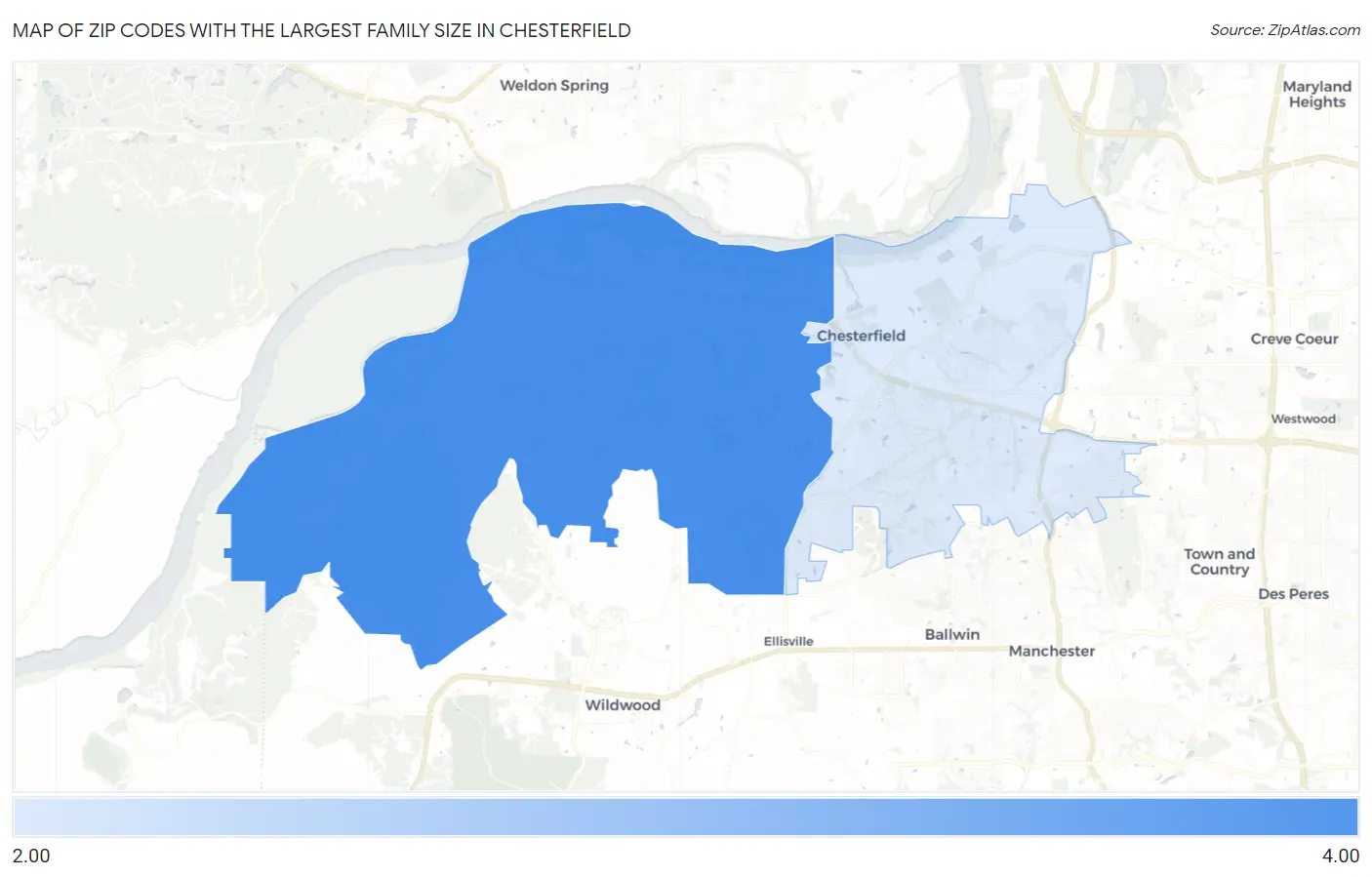 Zip Codes with the Largest Family Size in Chesterfield Map