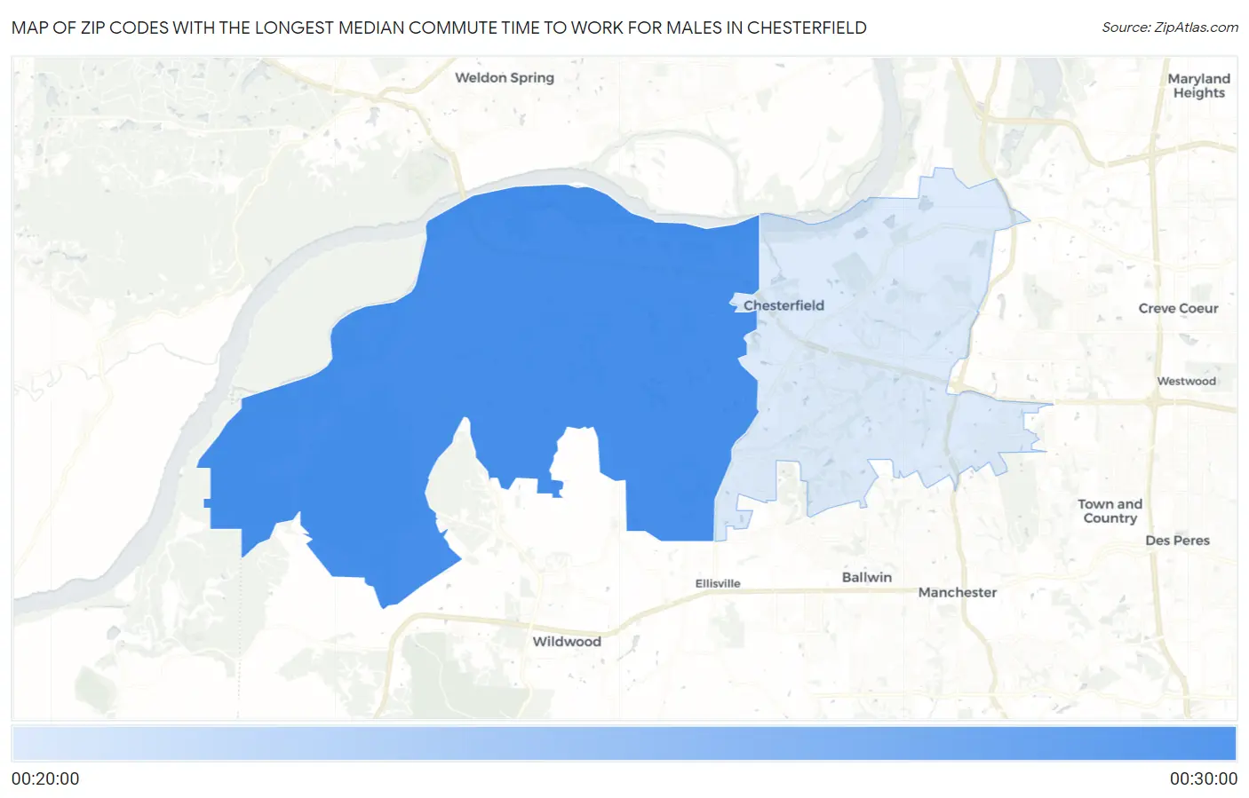 Zip Codes with the Longest Median Commute Time to Work for Males in Chesterfield Map