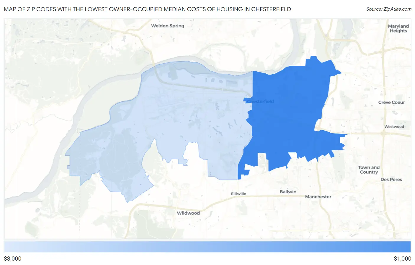 Zip Codes with the Lowest Owner-Occupied Median Costs of Housing in Chesterfield Map