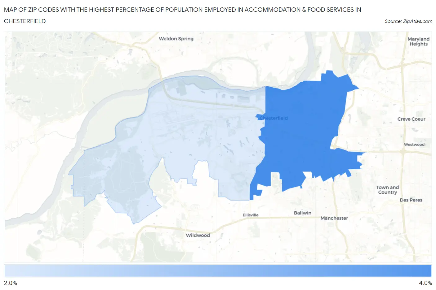 Zip Codes with the Highest Percentage of Population Employed in Accommodation & Food Services in Chesterfield Map