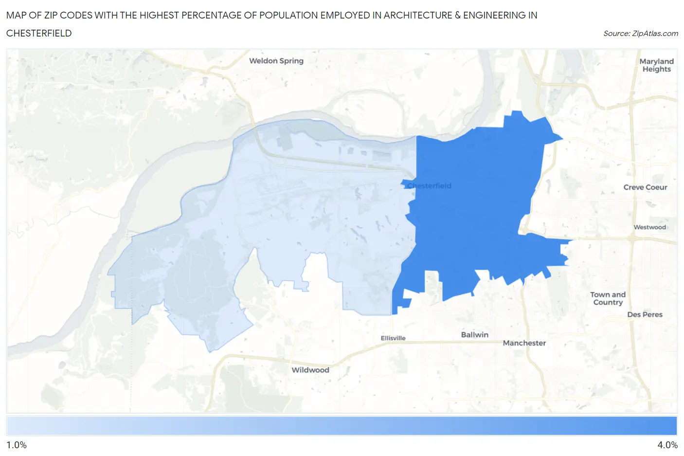 Zip Codes with the Highest Percentage of Population Employed in Architecture & Engineering in Chesterfield Map