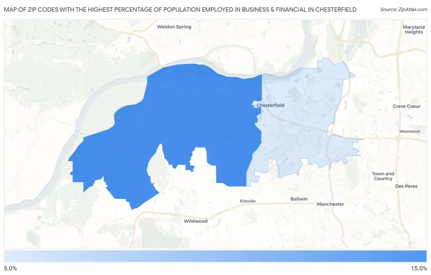 Zip Codes with the Highest Percentage of Population Employed in Business & Financial in Chesterfield Map