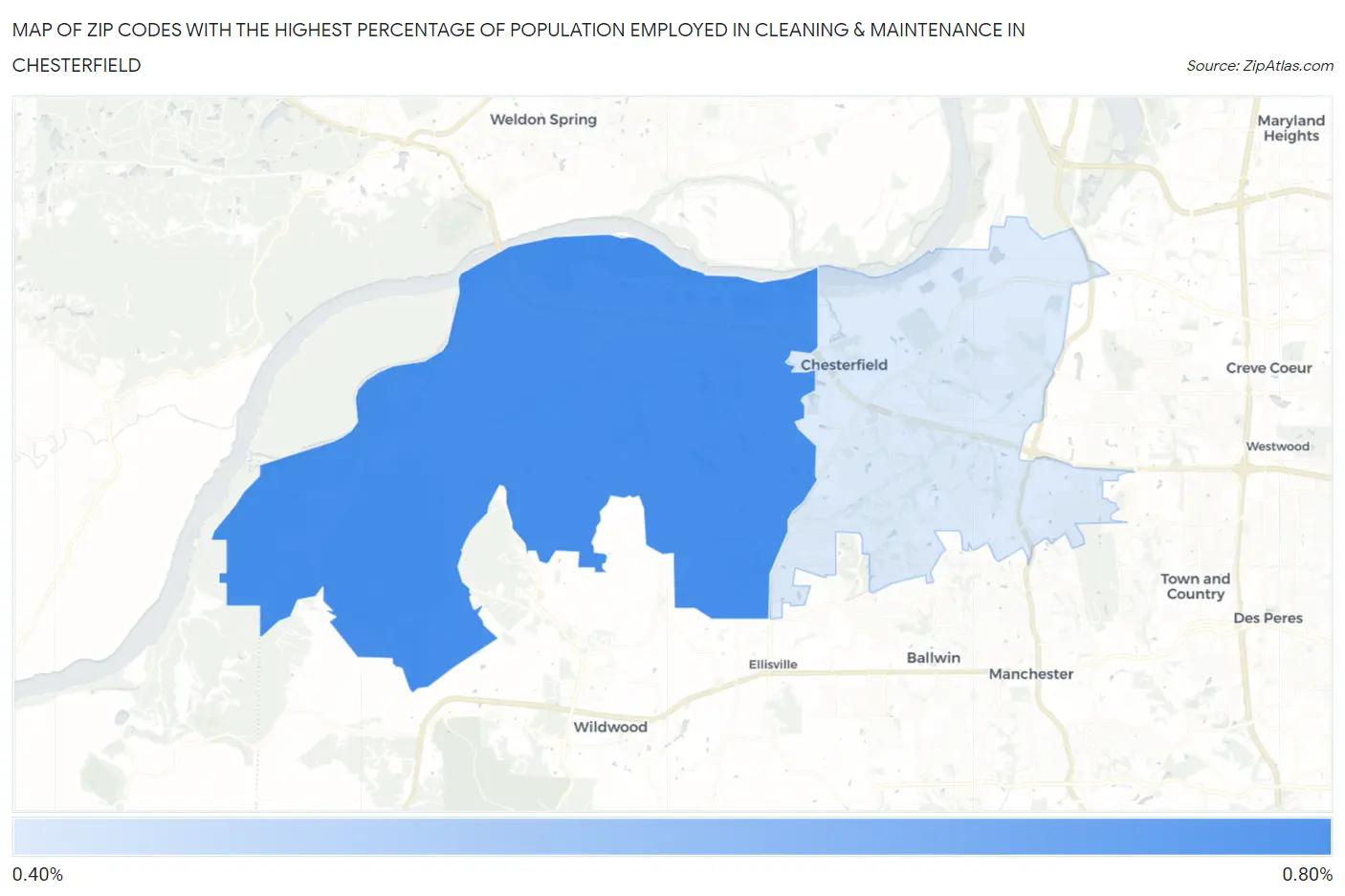 Zip Codes with the Highest Percentage of Population Employed in Cleaning & Maintenance in Chesterfield Map