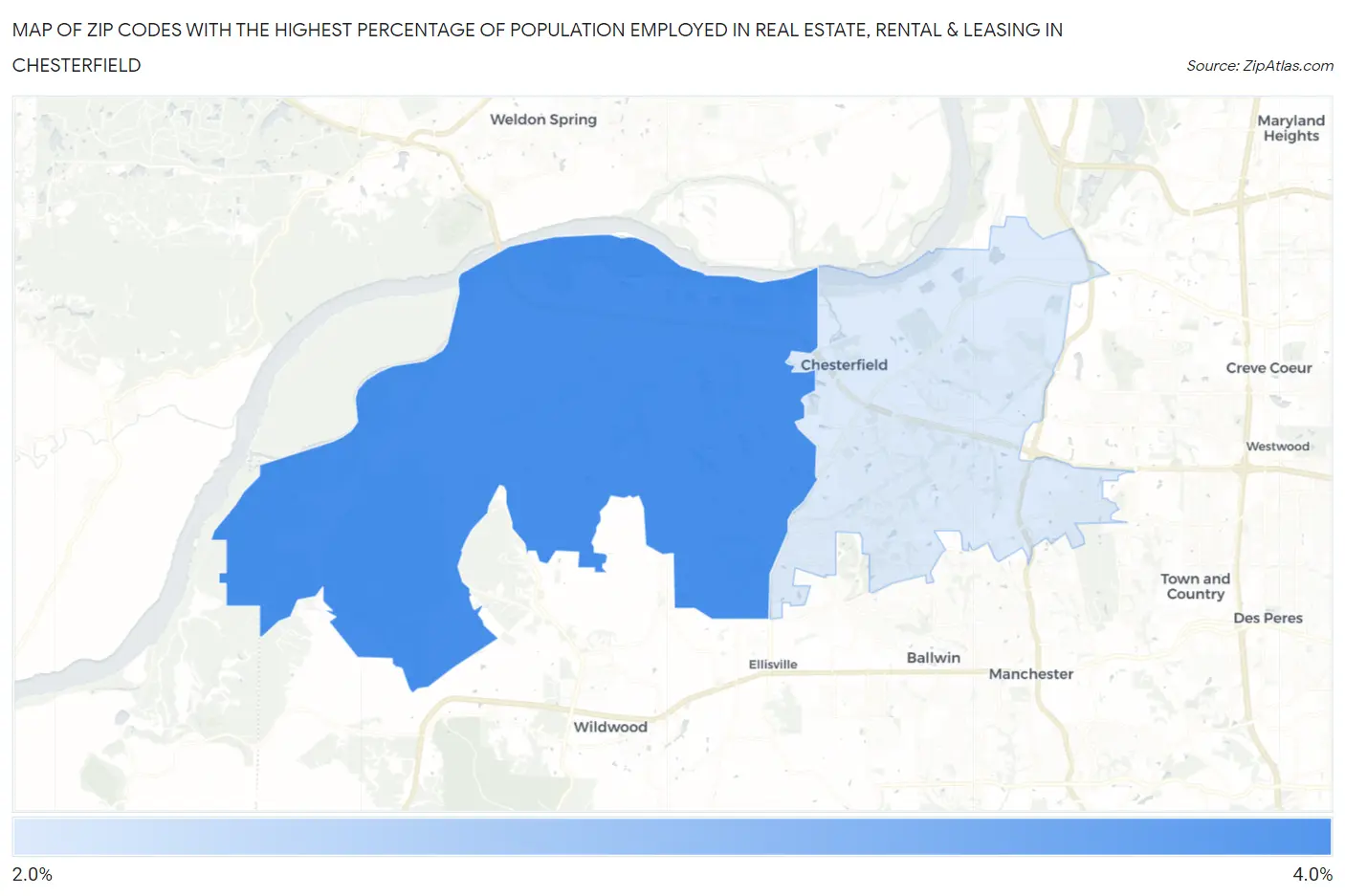 Zip Codes with the Highest Percentage of Population Employed in Real Estate, Rental & Leasing in Chesterfield Map