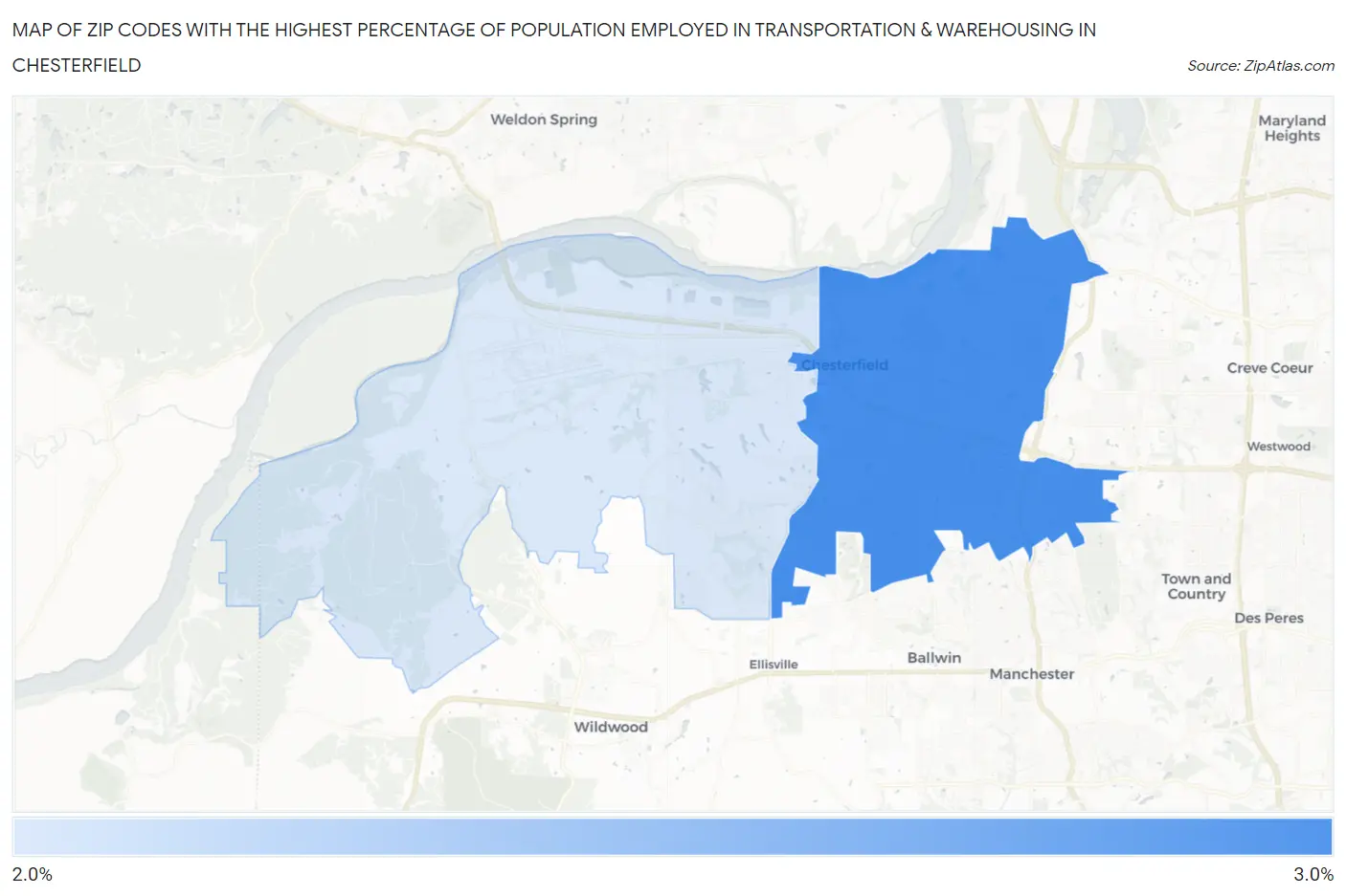 Zip Codes with the Highest Percentage of Population Employed in Transportation & Warehousing in Chesterfield Map