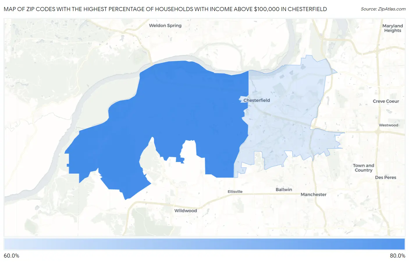 Zip Codes with the Highest Percentage of Households with Income Above $100,000 in Chesterfield Map