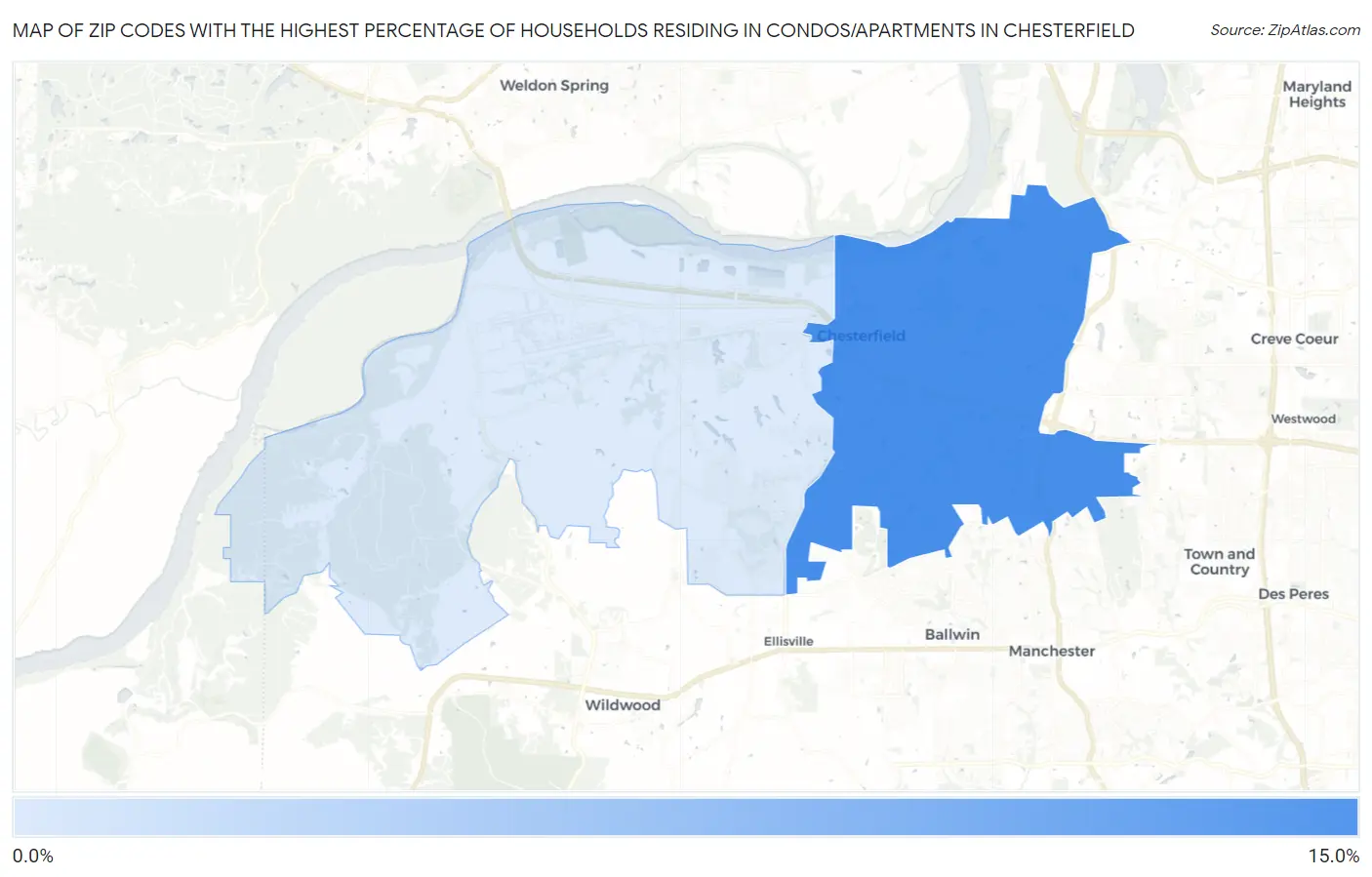 Zip Codes with the Highest Percentage of Households Residing in Condos/Apartments in Chesterfield Map