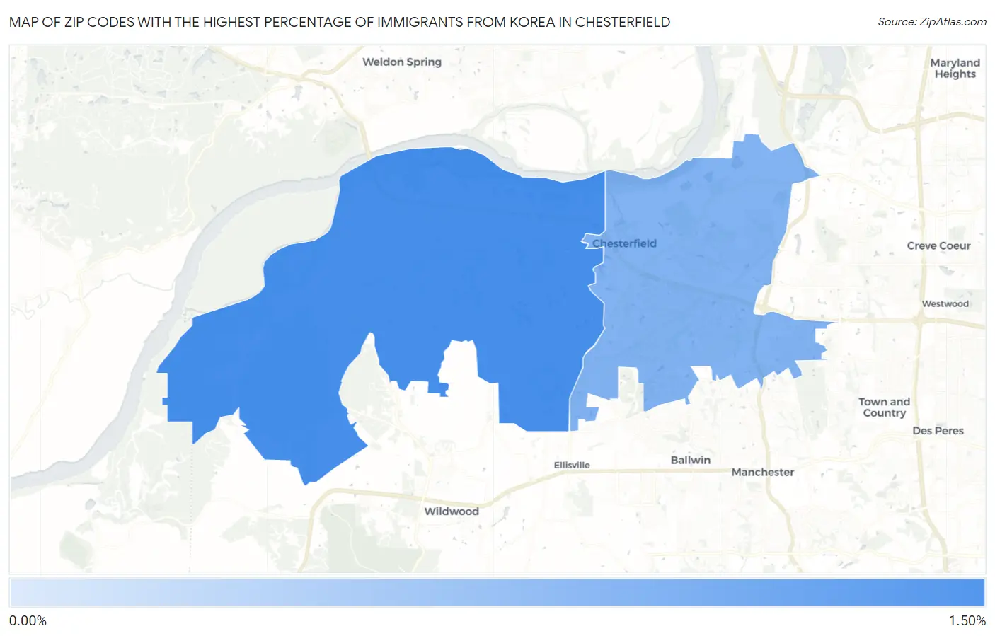 Zip Codes with the Highest Percentage of Immigrants from Korea in Chesterfield Map