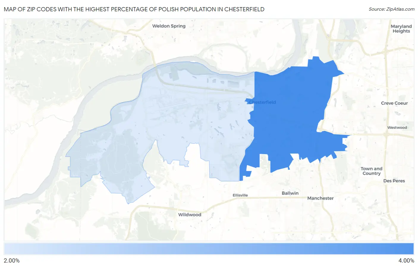 Zip Codes with the Highest Percentage of Polish Population in Chesterfield Map