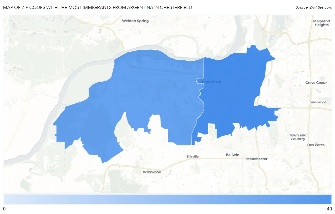 Zip Codes with the Most Immigrants from Argentina in Chesterfield Map