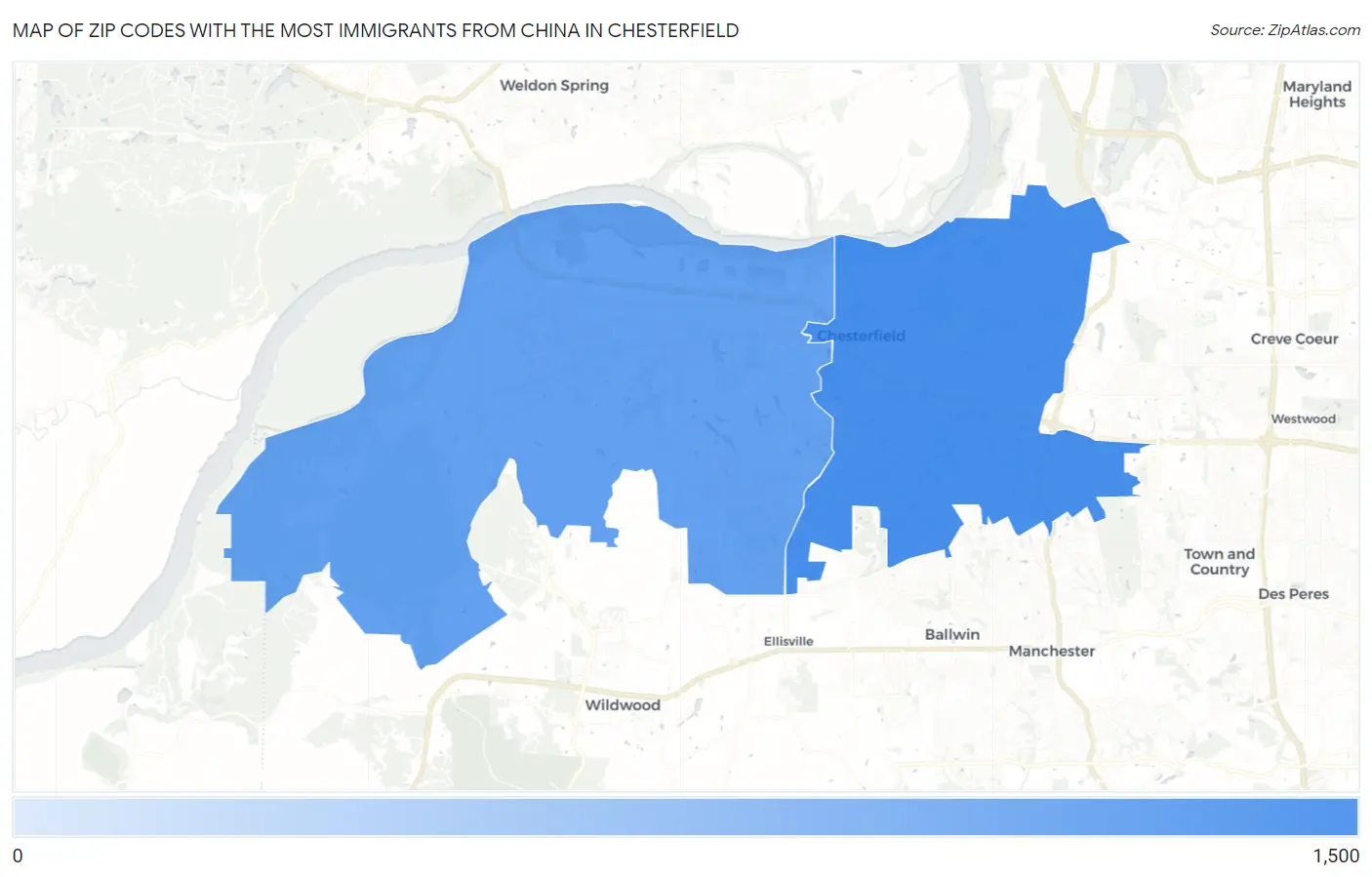 Zip Codes with the Most Immigrants from China in Chesterfield Map