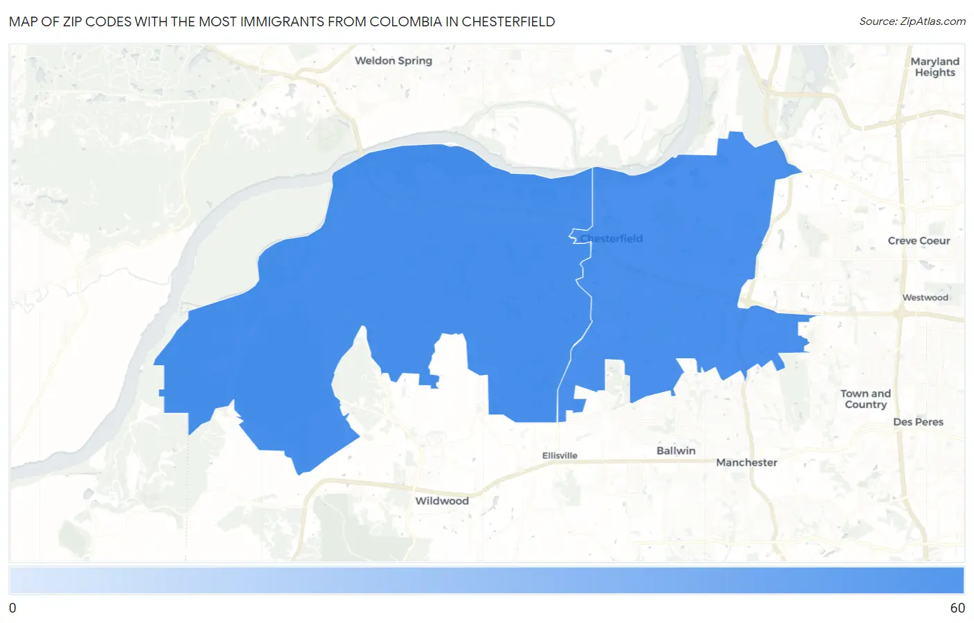 Zip Codes with the Most Immigrants from Colombia in Chesterfield Map