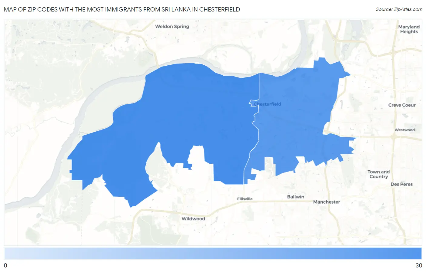 Zip Codes with the Most Immigrants from Sri Lanka in Chesterfield Map