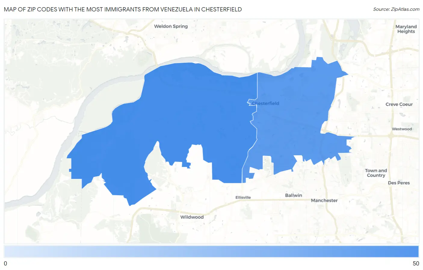 Zip Codes with the Most Immigrants from Venezuela in Chesterfield Map