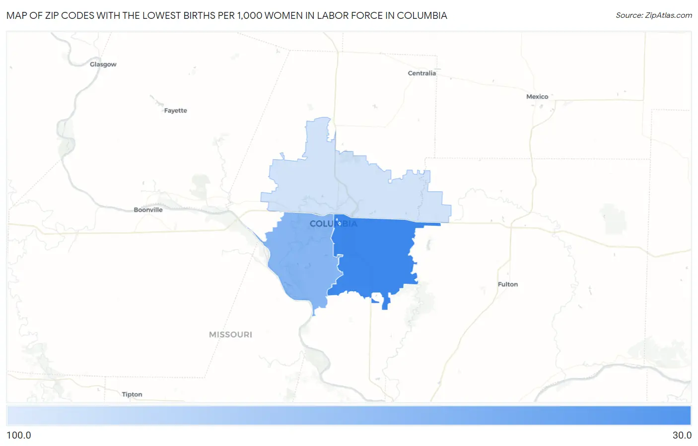 Zip Codes with the Lowest Births per 1,000 Women in Labor Force in Columbia Map
