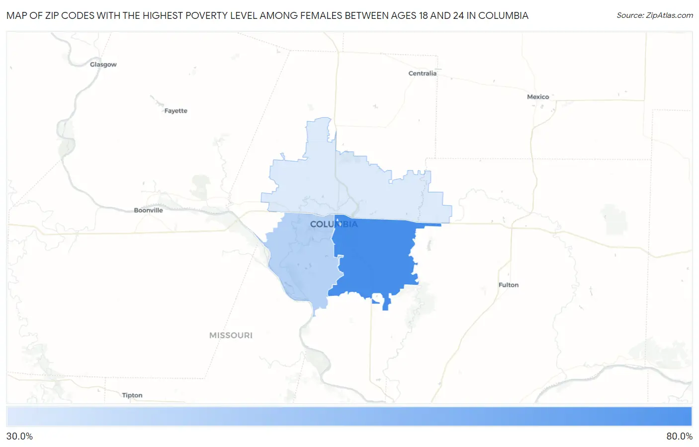 Zip Codes with the Highest Poverty Level Among Females Between Ages 18 and 24 in Columbia Map