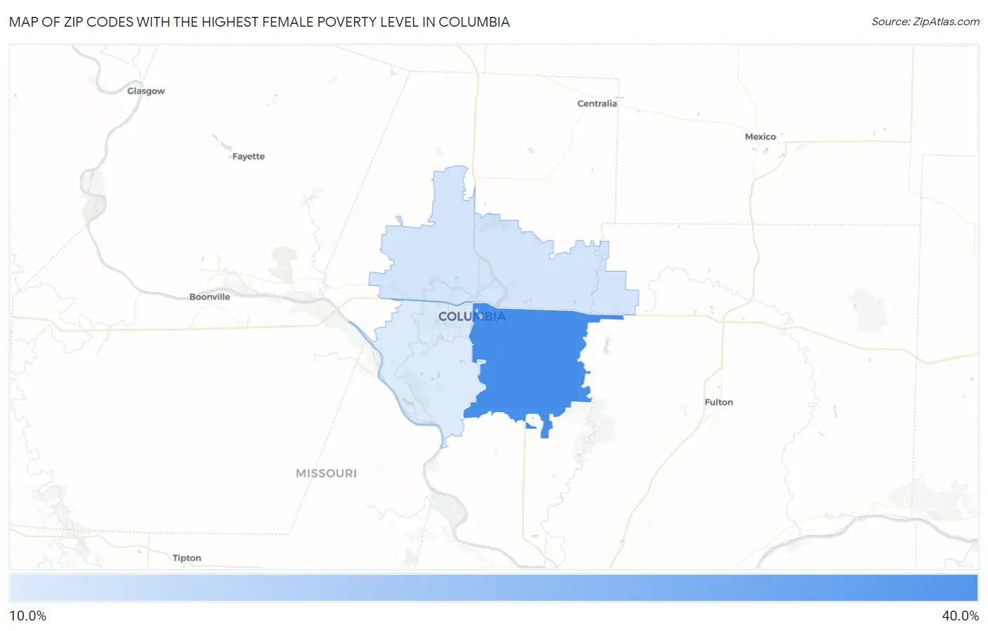 Zip Codes with the Highest Female Poverty Level in Columbia Map