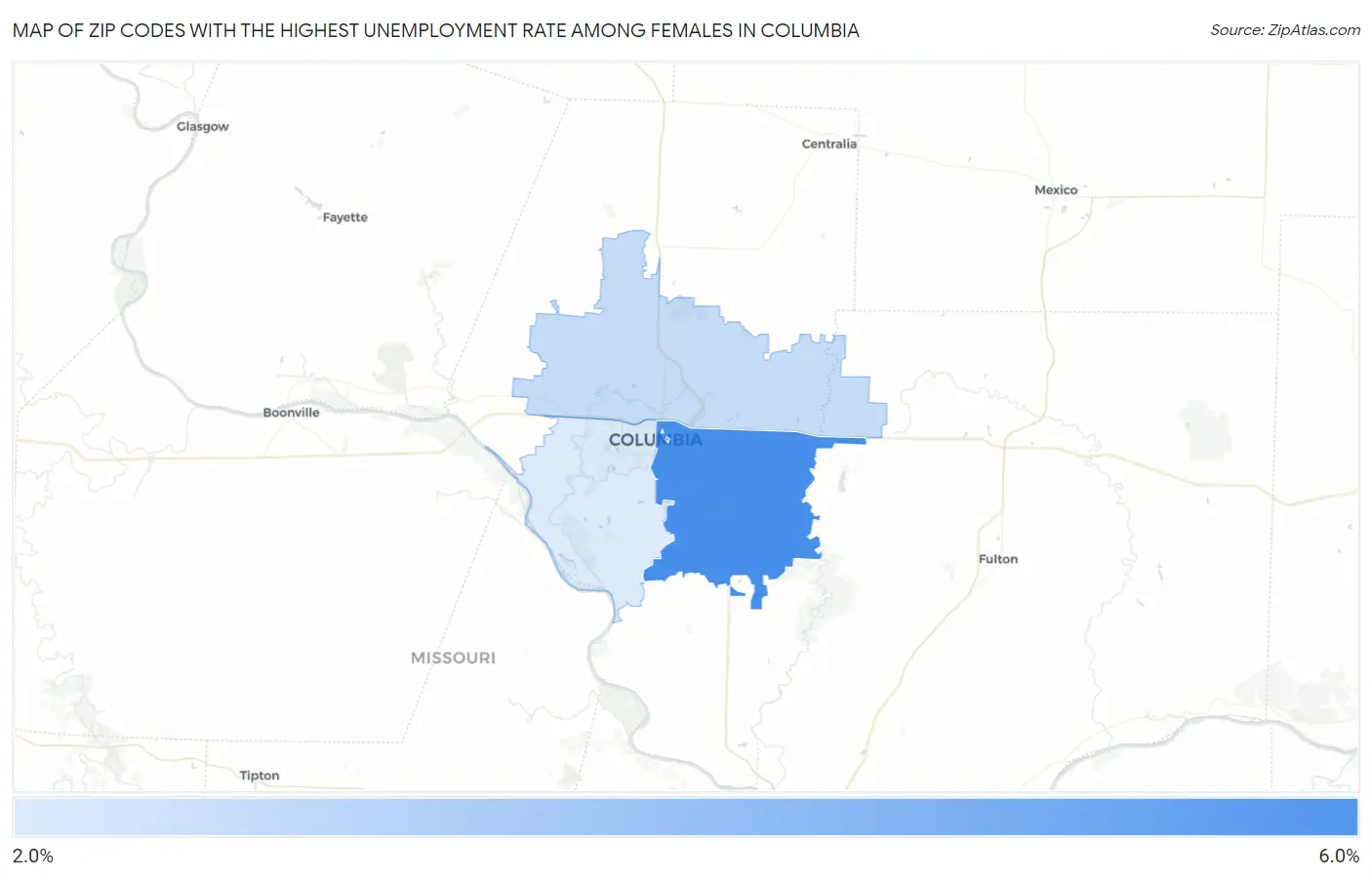 Zip Codes with the Highest Unemployment Rate Among Females in Columbia Map