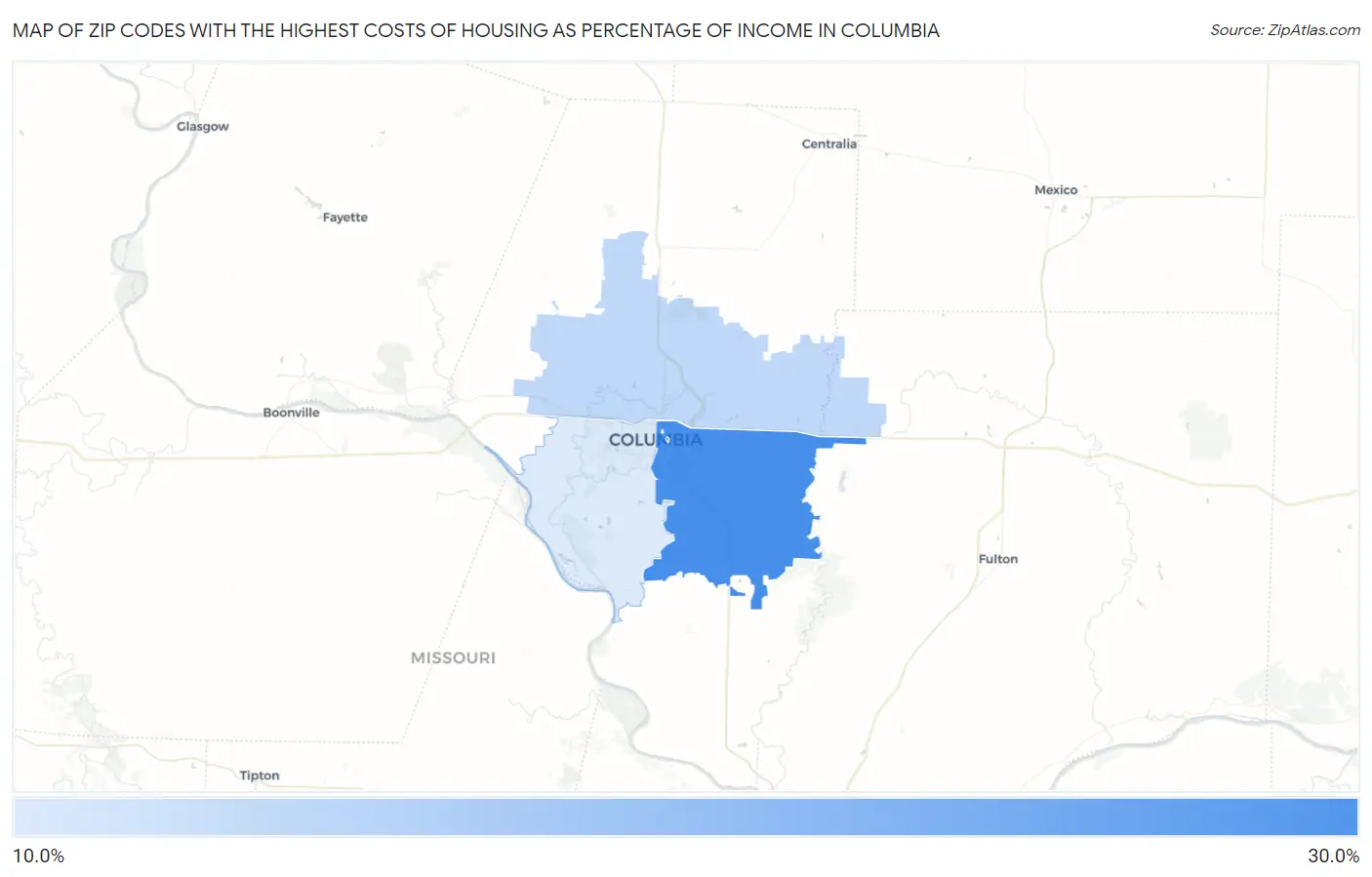Zip Codes with the Highest Costs of Housing as Percentage of Income in Columbia Map