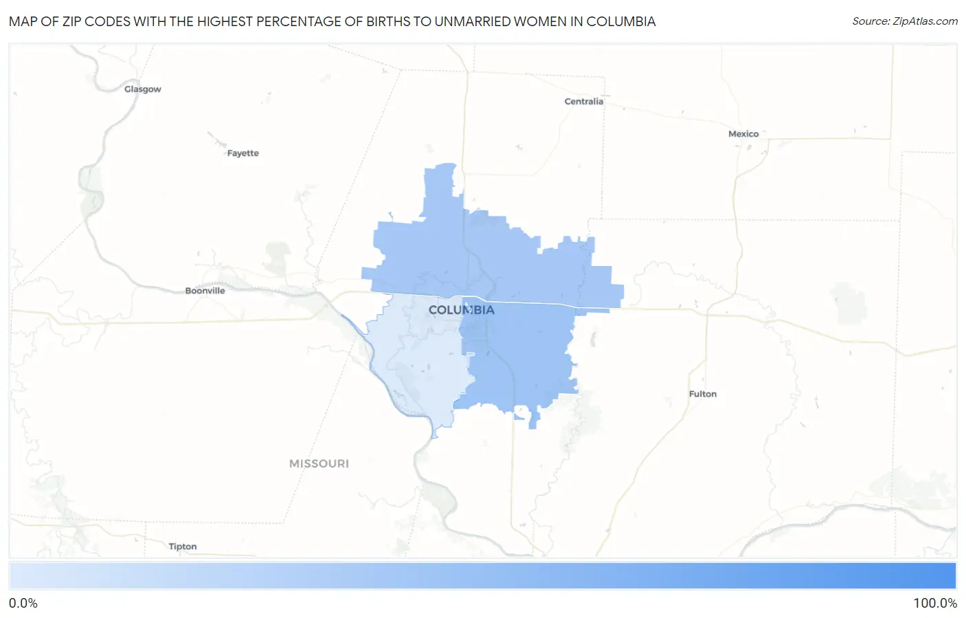 Zip Codes with the Highest Percentage of Births to Unmarried Women in Columbia Map