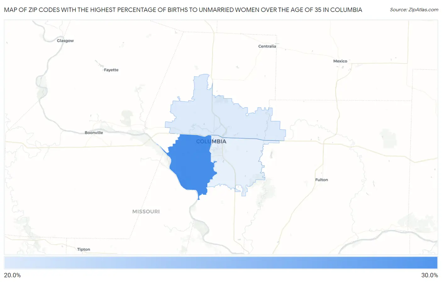 Zip Codes with the Highest Percentage of Births to Unmarried Women over the Age of 35 in Columbia Map