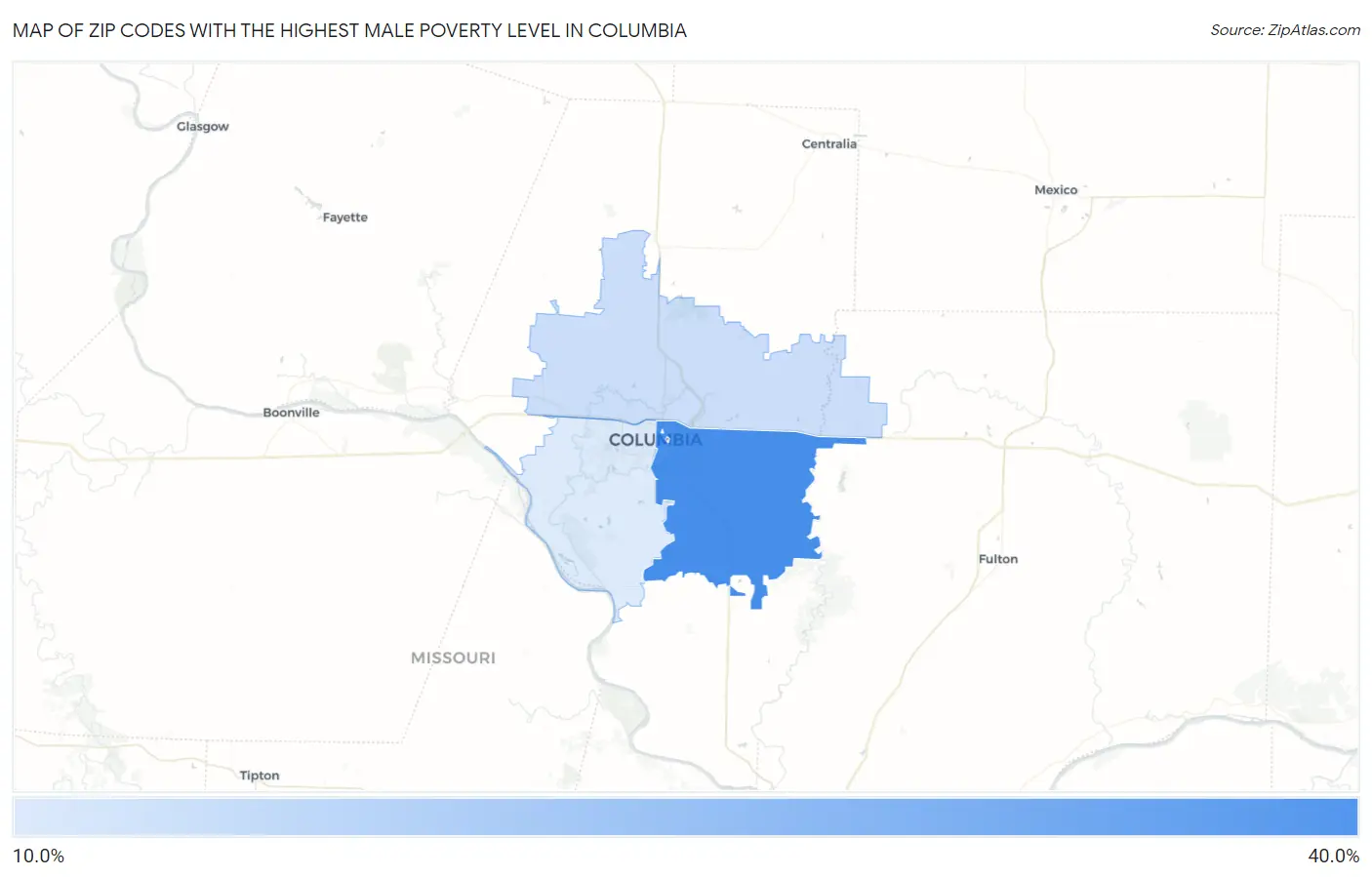 Zip Codes with the Highest Male Poverty Level in Columbia Map